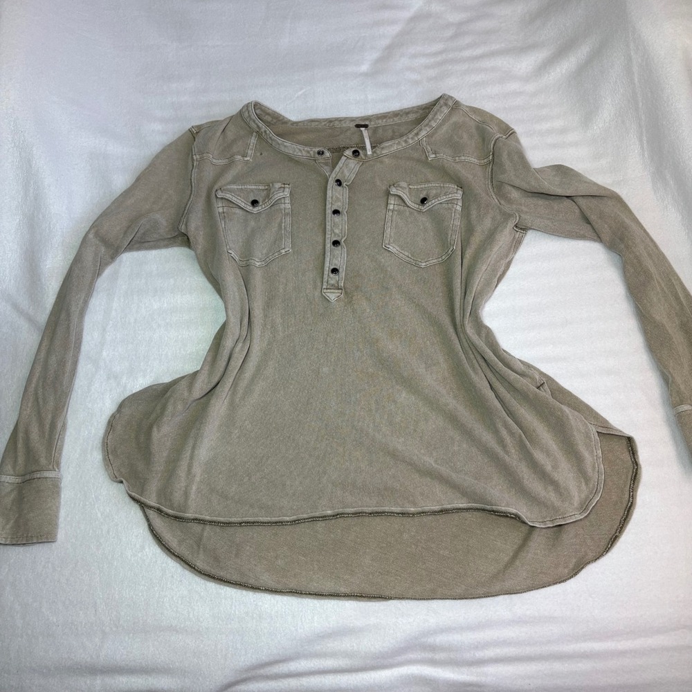 Free People We The Free Olive Green Thermal Henley Long Sleeve Top Small